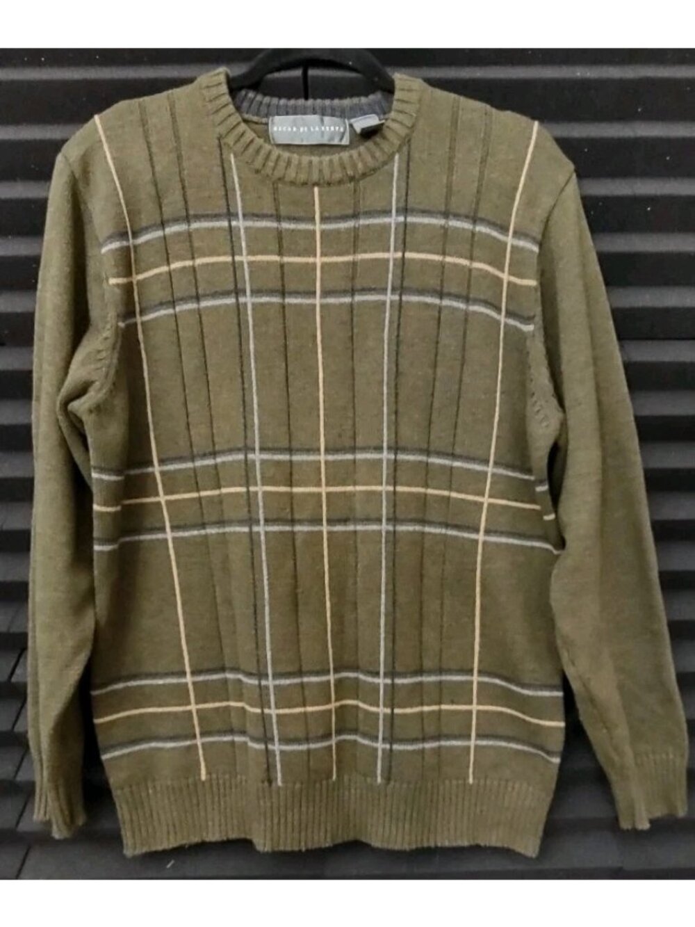 OSCAR DE LA RENTA Men Sweater Olive Green Stripes  Pull Over Crew Neck X-Large